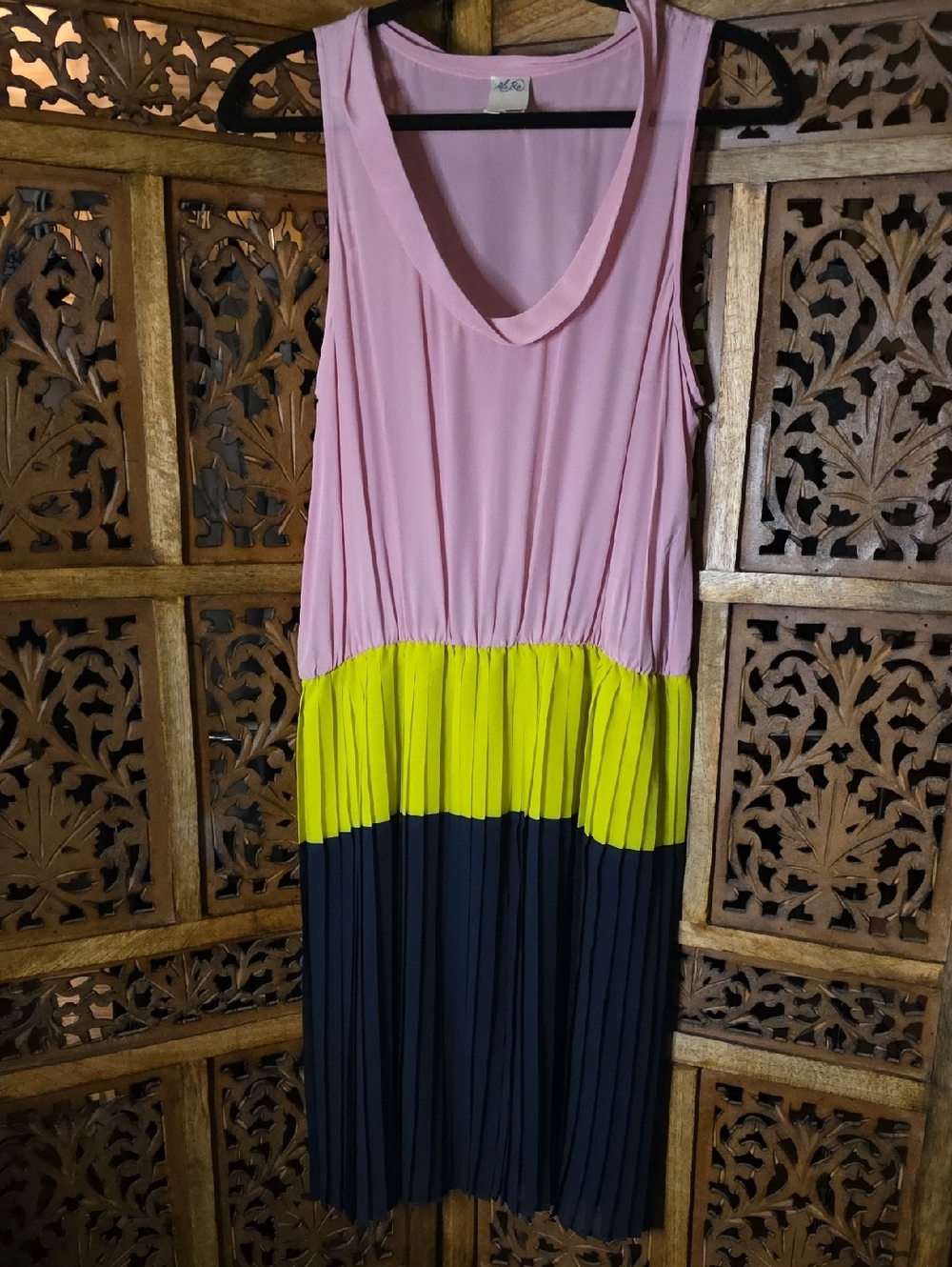 Ali Ro Pink, Yellow & Black Colorblock Pleated Midi Dress Size 10